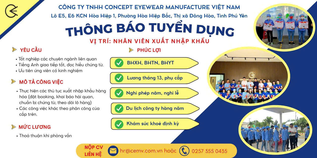 Công ty TNHH Concept Eyewear Manufacture Việt Nam thông báo tuyển dụng